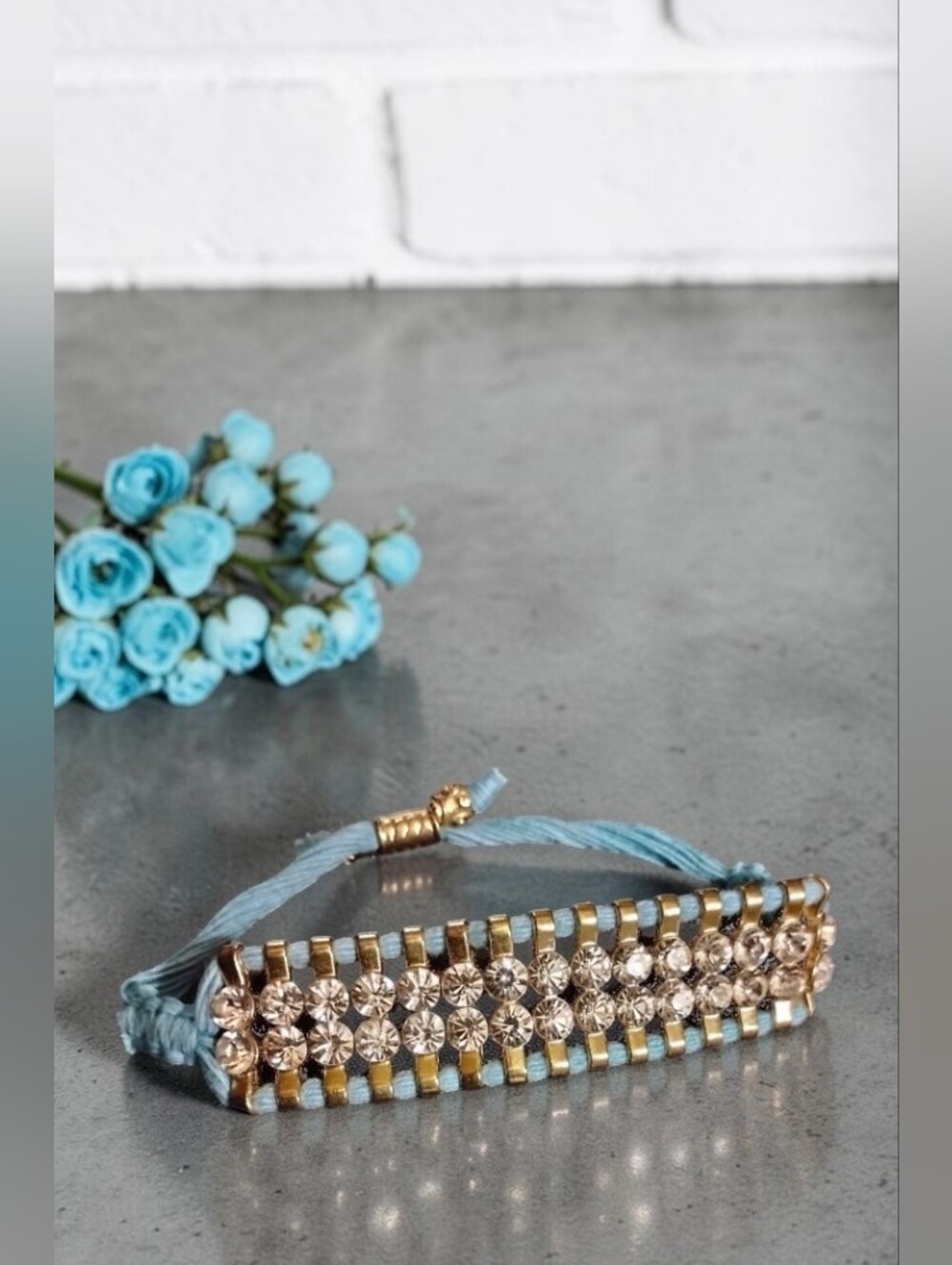 Rolf Bleu Blue Cord Double Row Rhinestone Drawstring Bracelet OS